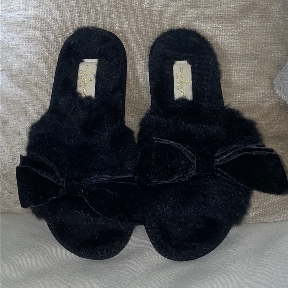 Kate Spade Black Fuzzy Slippers with Bow
